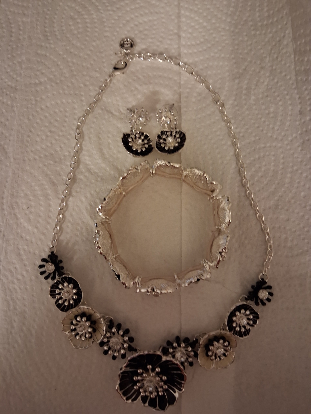 Silver-Tone Black Floral Statement Necklace - Matching Set